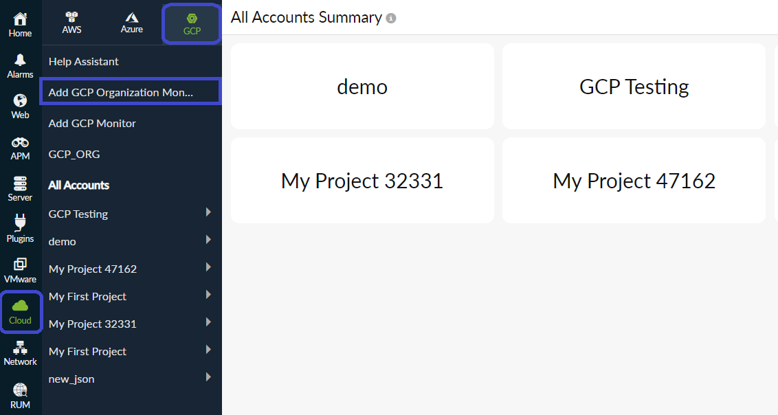 add Google Cloud organization monitor