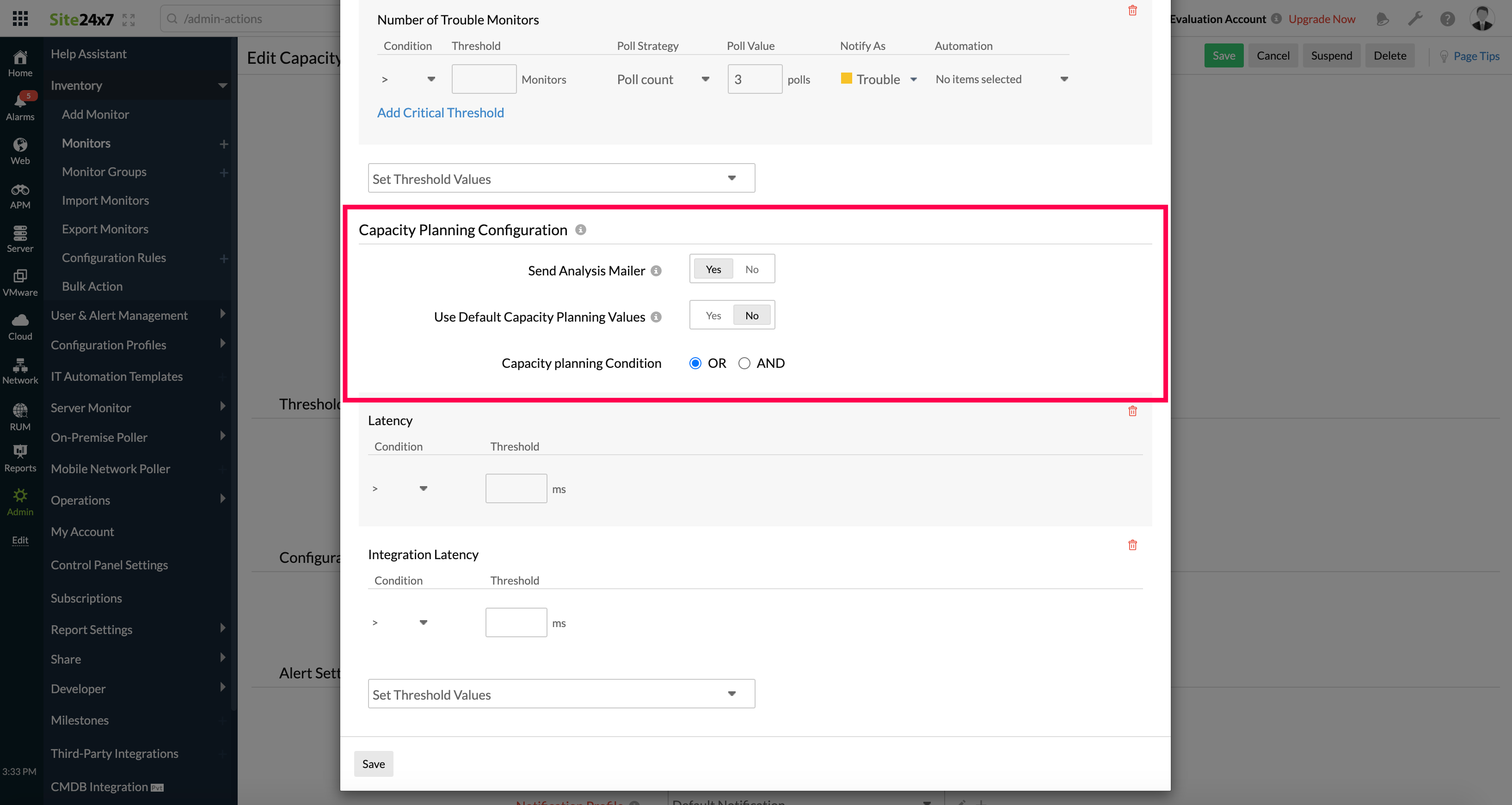 capacity planning threshold configuration