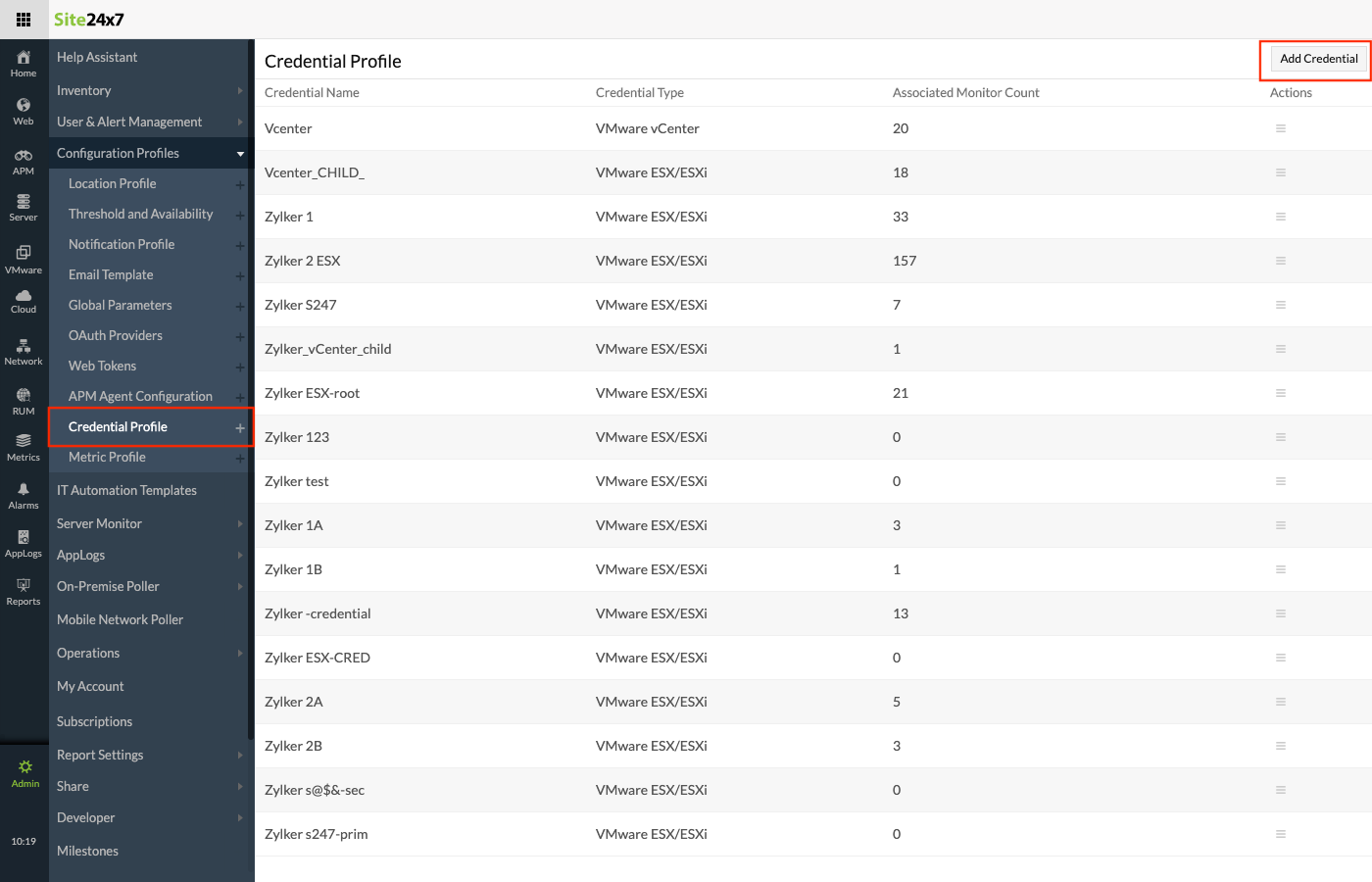 Store your credentials using Site24x7 Credential Profile