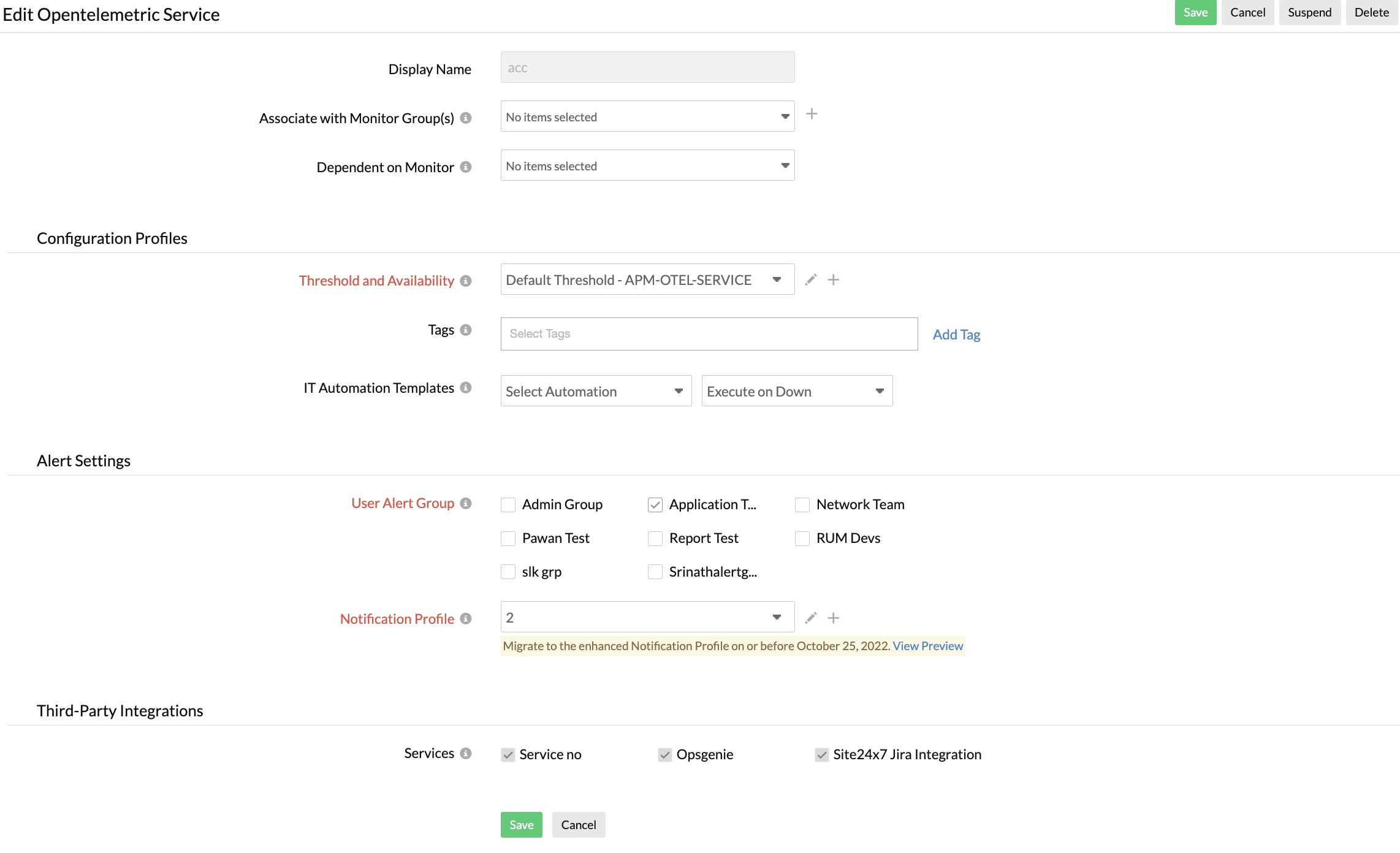 Edit Opentelemetric service