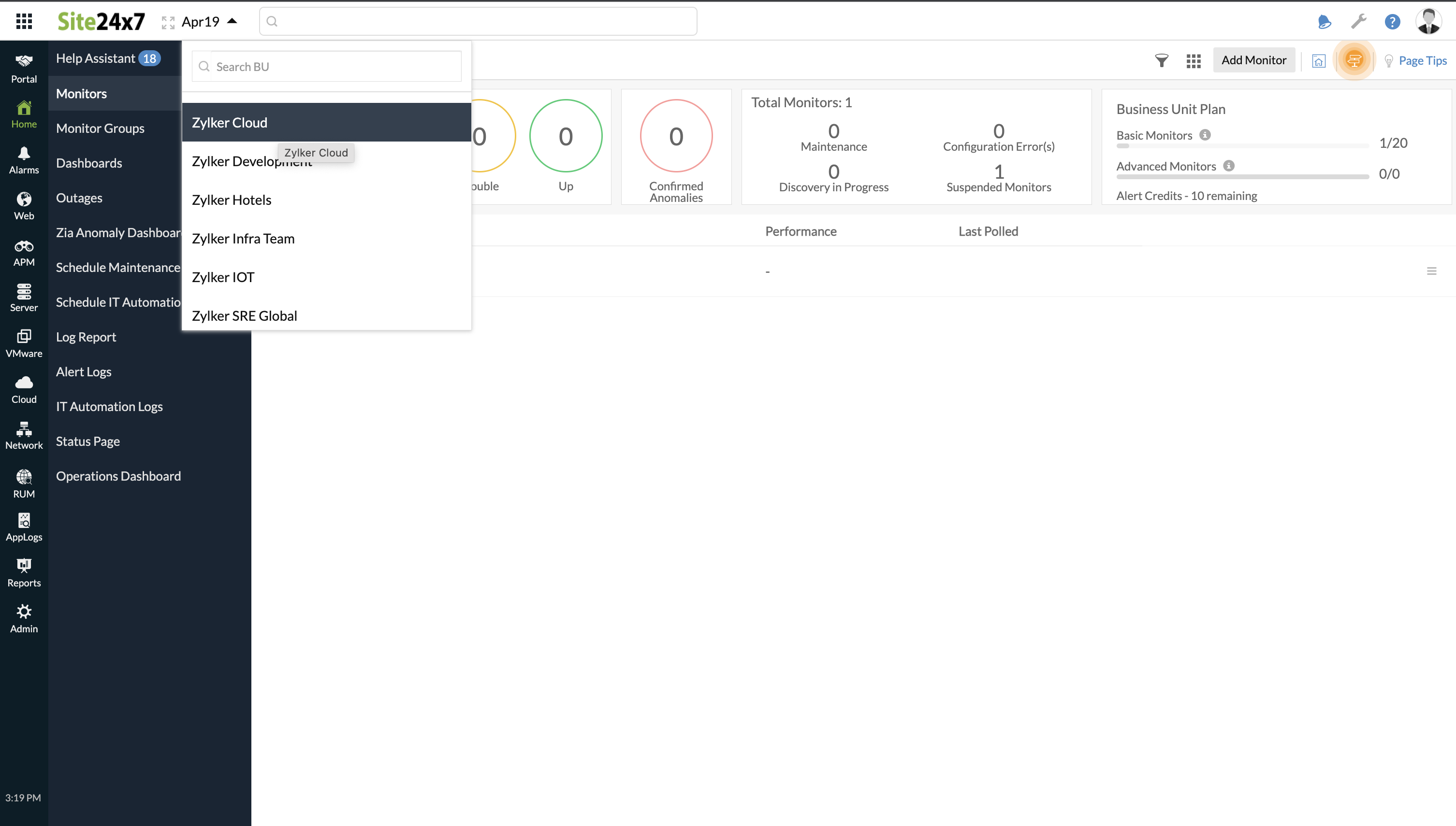 Filter and search business unit accounts.