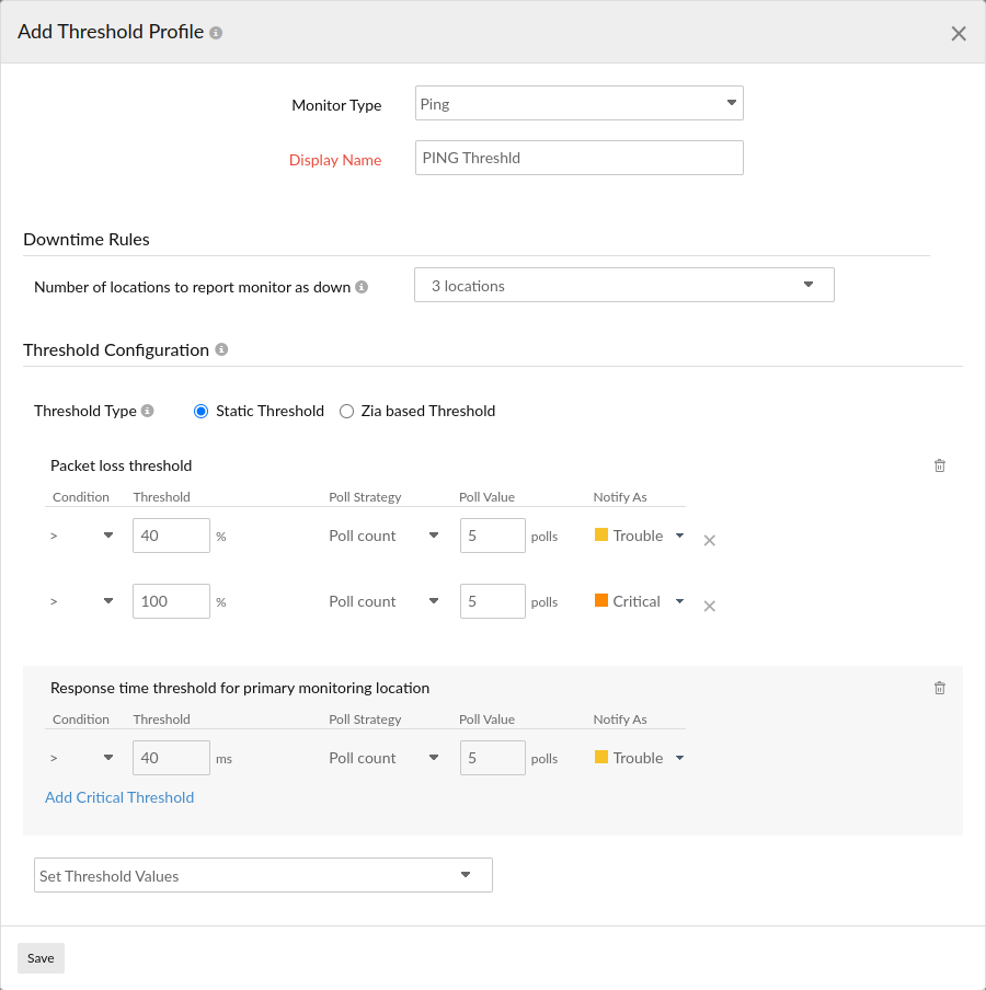 Learn how to configure threshold settings for a ping monitor