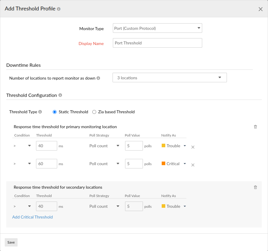 Learn how to configure threshold settings for a pop monitor